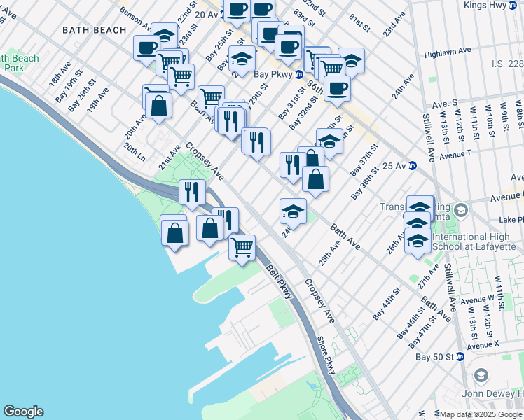 map of restaurants, bars, coffee shops, grocery stores, and more near 8835 23rd Avenue in Brooklyn