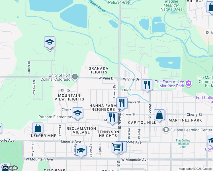 map of restaurants, bars, coffee shops, grocery stores, and more near 660 Hanna Street in Fort Collins