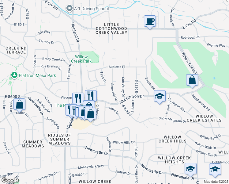 map of restaurants, bars, coffee shops, grocery stores, and more near in Cottonwood Heights