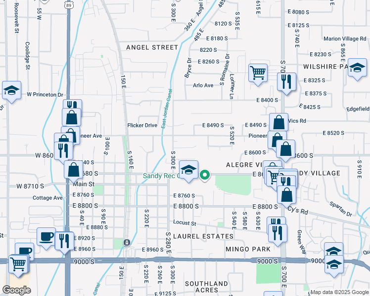 map of restaurants, bars, coffee shops, grocery stores, and more near 370 Pioneer Avenue in Sandy