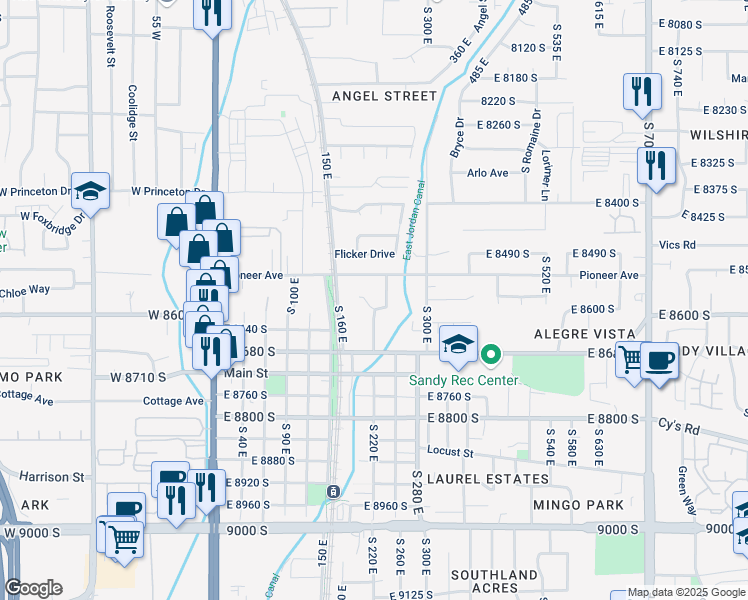 map of restaurants, bars, coffee shops, grocery stores, and more near 8550 South 240 East in Sandy