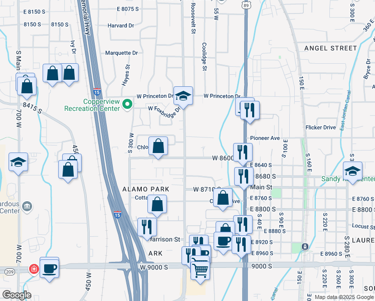 map of restaurants, bars, coffee shops, grocery stores, and more near 129 West Settlement Circle in Midvale