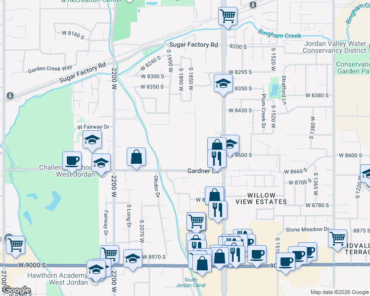 map of restaurants, bars, coffee shops, grocery stores, and more near 8560 Shulsen Lane in West Jordan