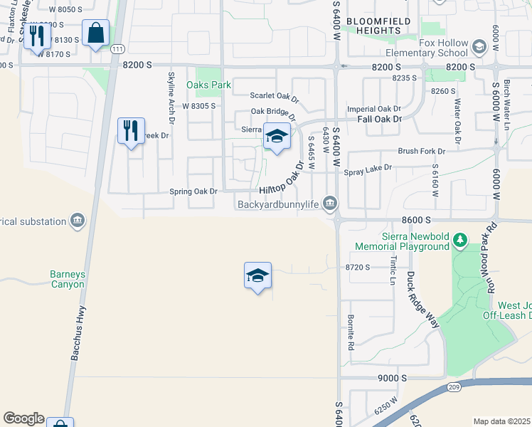 map of restaurants, bars, coffee shops, grocery stores, and more near 8554 Sunrise Oak Drive in West Jordan