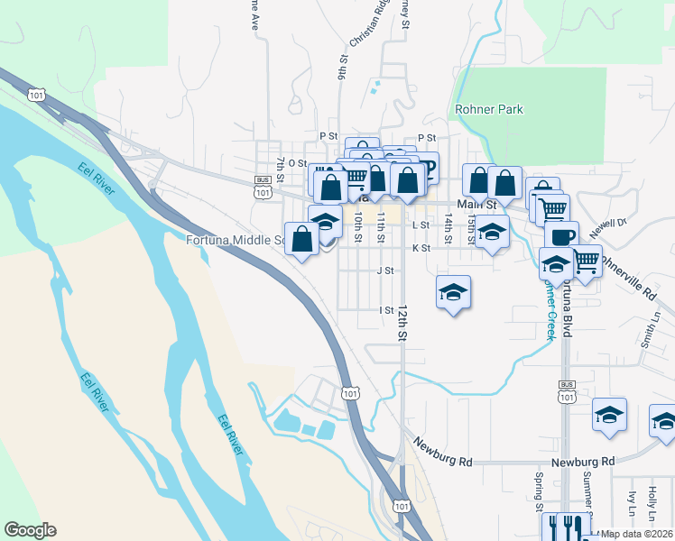 map of restaurants, bars, coffee shops, grocery stores, and more near 843 L Street in Fortuna