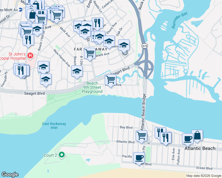 map of restaurants, bars, coffee shops, grocery stores, and more near 7-11 Seagirt Avenue in Queens