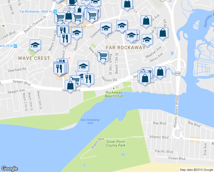 map of restaurants, bars, coffee shops, grocery stores, and more near 13-41 Seagirt Boulevard in Queens