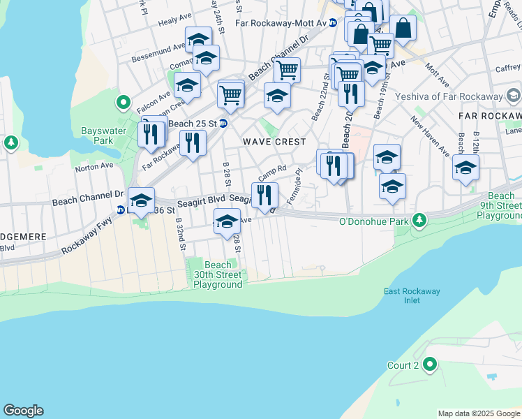 map of restaurants, bars, coffee shops, grocery stores, and more near 90 Seagirt Boulevard in Queens