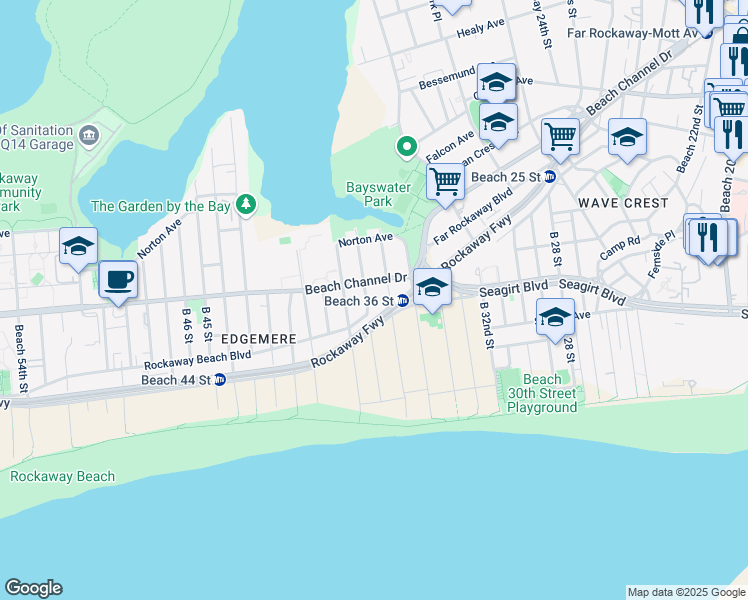 map of restaurants, bars, coffee shops, grocery stores, and more near 3-25 Beach 37th Street in Queens