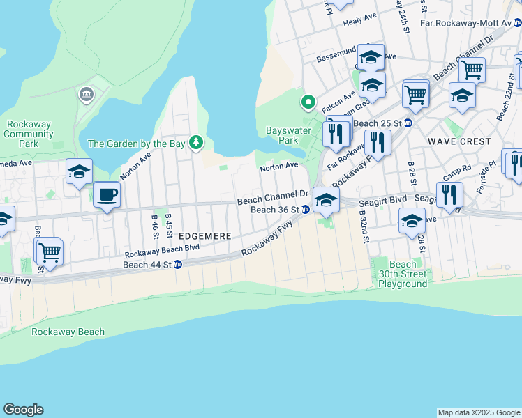 map of restaurants, bars, coffee shops, grocery stores, and more near 3808 Beach Channel Drive in Queens