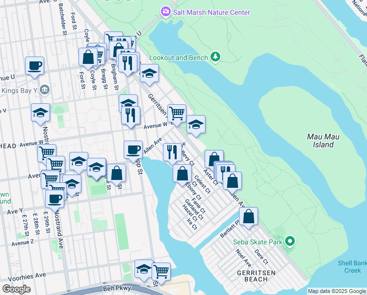 map of restaurants, bars, coffee shops, grocery stores, and more near 2536 Gerritsen Avenue in Brooklyn