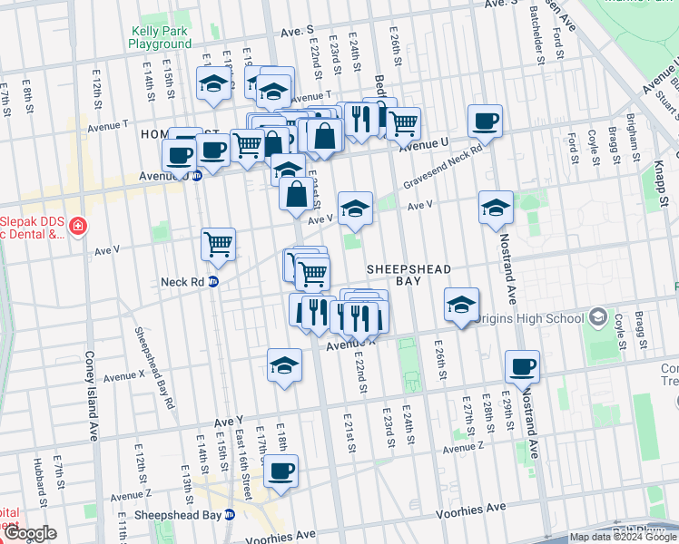 map of restaurants, bars, coffee shops, grocery stores, and more near 2261 East 22nd Street in Brooklyn