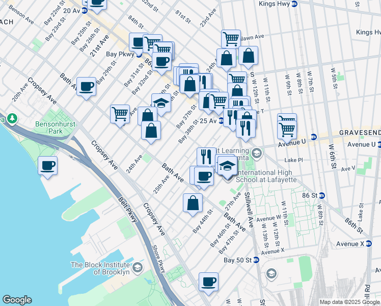 map of restaurants, bars, coffee shops, grocery stores, and more near 8689 25th Avenue in Brooklyn