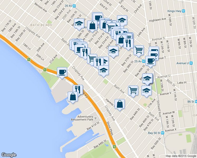 map of restaurants, bars, coffee shops, grocery stores, and more near 2355 Bath Avenue in Brooklyn