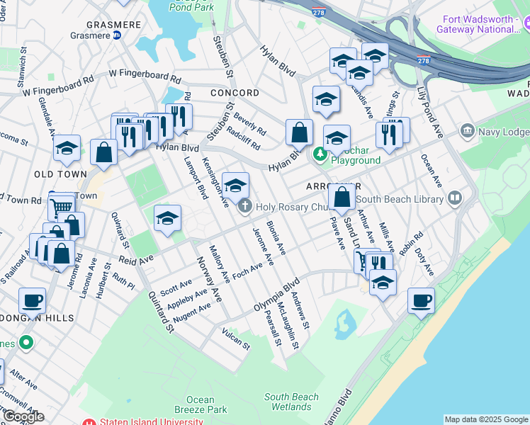map of restaurants, bars, coffee shops, grocery stores, and more near 77 Bionia Avenue in Staten Island