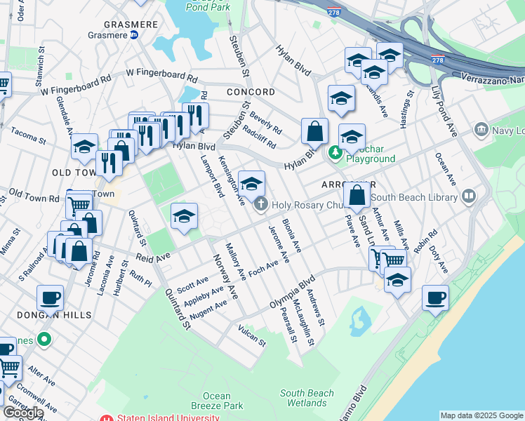 map of restaurants, bars, coffee shops, grocery stores, and more near 100 Jerome Avenue in Staten Island