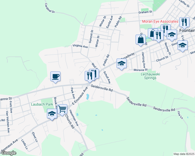map of restaurants, bars, coffee shops, grocery stores, and more near 1763 Broadway in Bethlehem