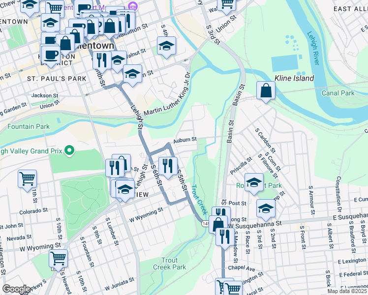 map of restaurants, bars, coffee shops, grocery stores, and more near in Allentown