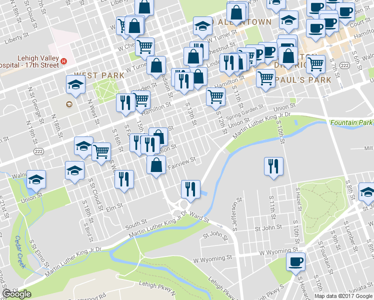 map of restaurants, bars, coffee shops, grocery stores, and more near 214 South Mercer Street in Allentown