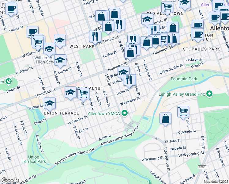 map of restaurants, bars, coffee shops, grocery stores, and more near 126 South Franklin Street in Allentown