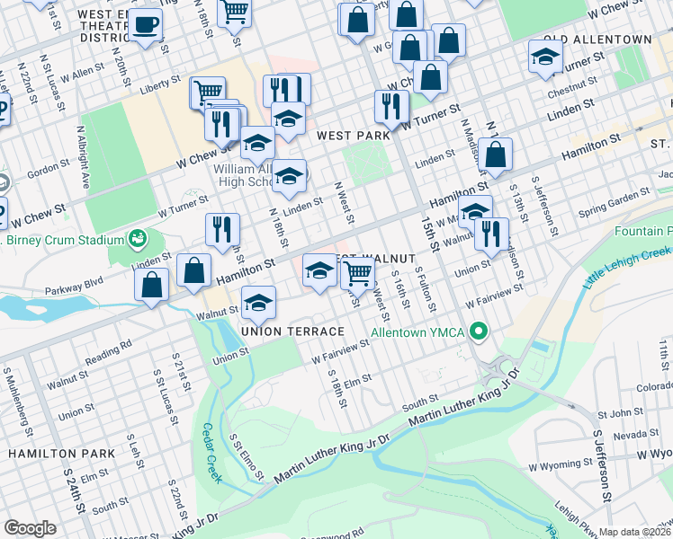 map of restaurants, bars, coffee shops, grocery stores, and more near 26 South 17th Street in Allentown