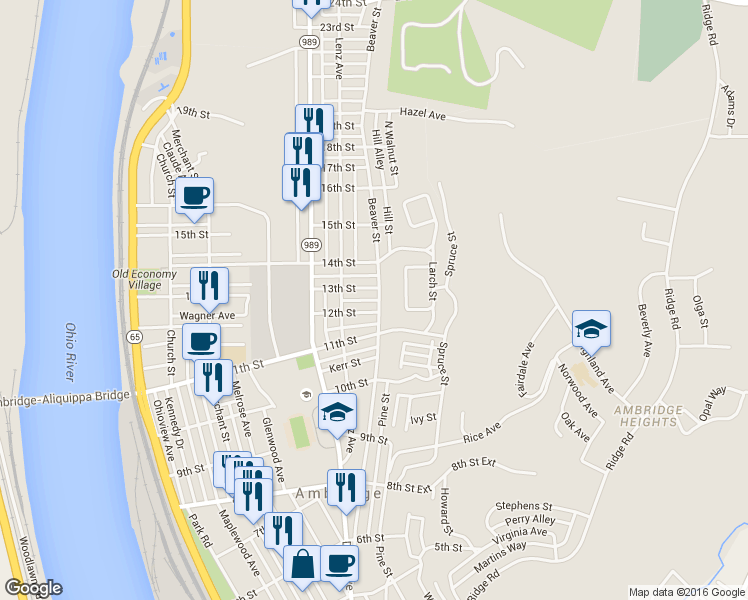 map of restaurants, bars, coffee shops, grocery stores, and more near 1300 Beaver Road in Ambridge