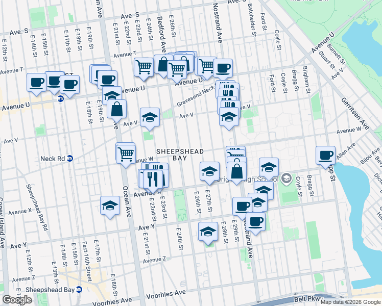 map of restaurants, bars, coffee shops, grocery stores, and more near E 26th St & Avenue W in Brooklyn