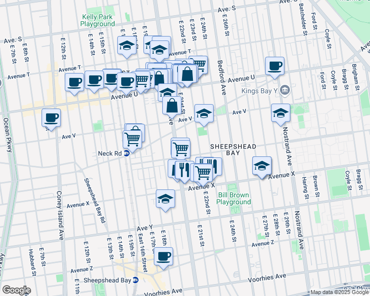 map of restaurants, bars, coffee shops, grocery stores, and more near 2314 East 21st Street in Brooklyn