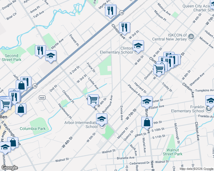 map of restaurants, bars, coffee shops, grocery stores, and more near 405 Wall Street in Piscataway