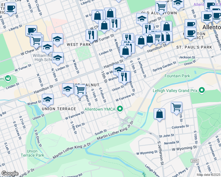map of restaurants, bars, coffee shops, grocery stores, and more near 126 South Franklin Street in Allentown