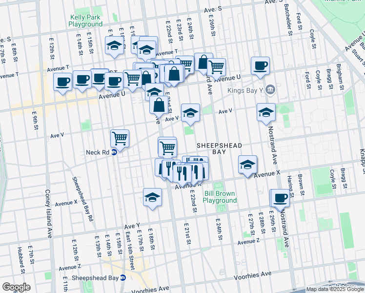 map of restaurants, bars, coffee shops, grocery stores, and more near 2261 East 22nd Street in Brooklyn