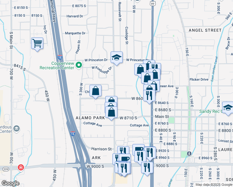 map of restaurants, bars, coffee shops, grocery stores, and more near 129 West Settlement Circle in Midvale