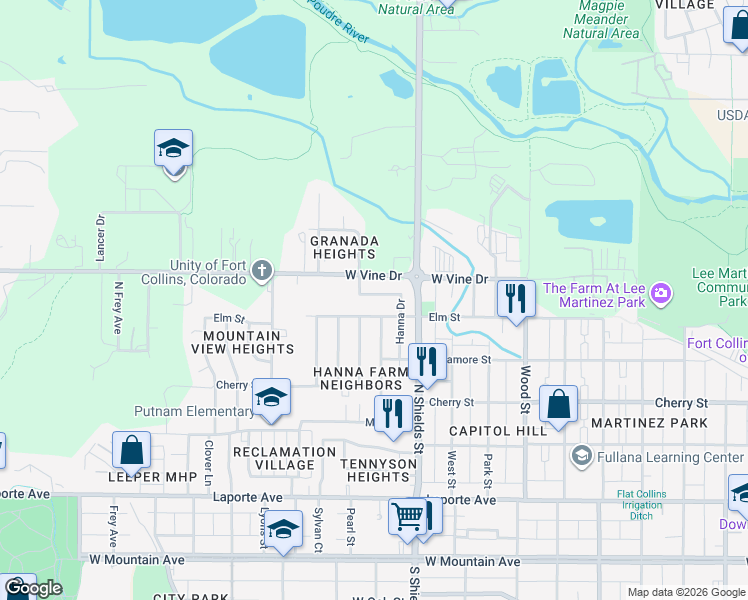 map of restaurants, bars, coffee shops, grocery stores, and more near 660 Hanna Street in Fort Collins