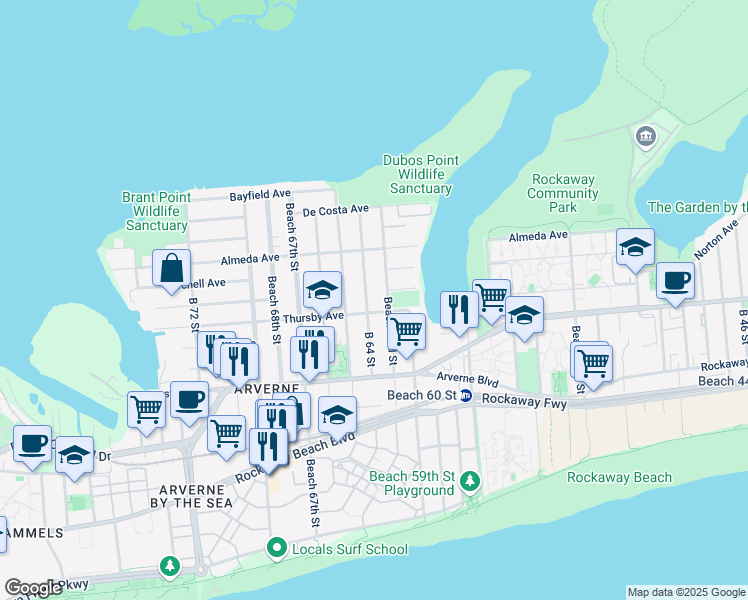 map of restaurants, bars, coffee shops, grocery stores, and more near 62-34 Elizabeth Road in Queens