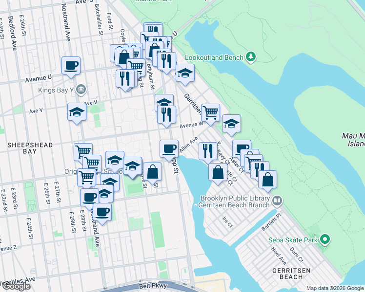 map of restaurants, bars, coffee shops, grocery stores, and more near 2335 Plumb 1st Street in Brooklyn
