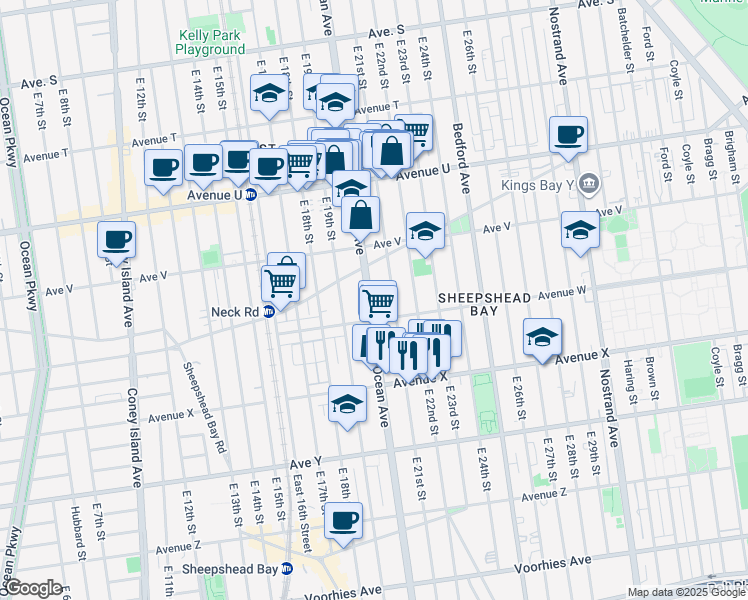 map of restaurants, bars, coffee shops, grocery stores, and more near 2701 Ocean Avenue in Brooklyn