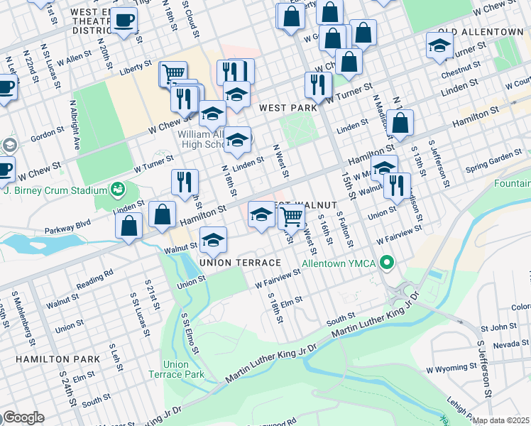 map of restaurants, bars, coffee shops, grocery stores, and more near 27 South Saint Cloud Street in Allentown