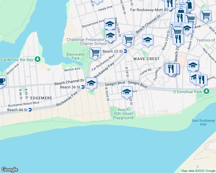 map of restaurants, bars, coffee shops, grocery stores, and more near 2-30 Beach 32nd Street in Queens