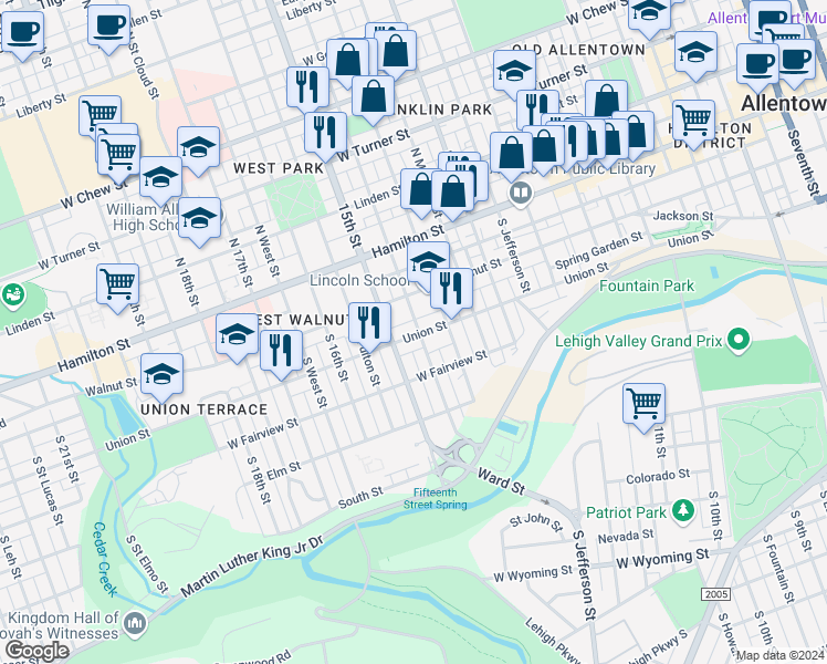 map of restaurants, bars, coffee shops, grocery stores, and more near 140 South Franklin Street in Allentown