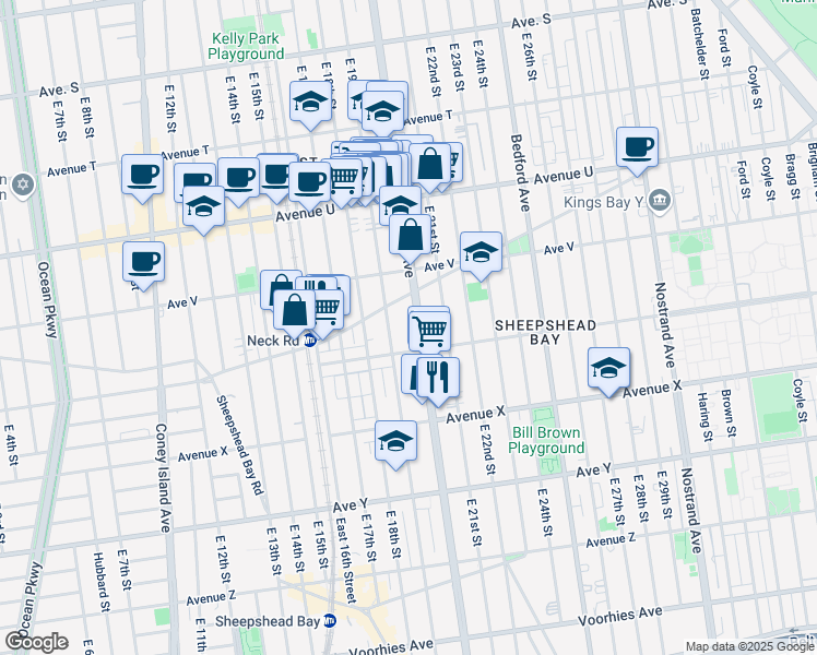 map of restaurants, bars, coffee shops, grocery stores, and more near 2245 East 19th Street in Brooklyn