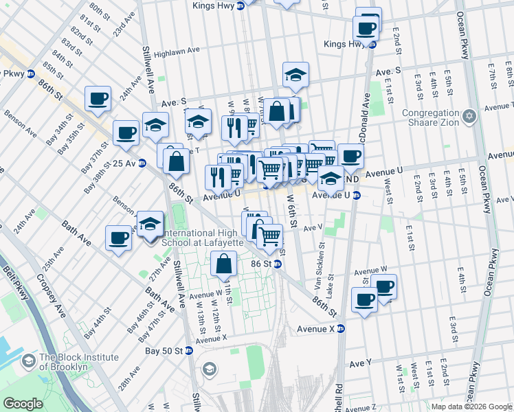 map of restaurants, bars, coffee shops, grocery stores, and more near 2128 West 8th Street in Brooklyn