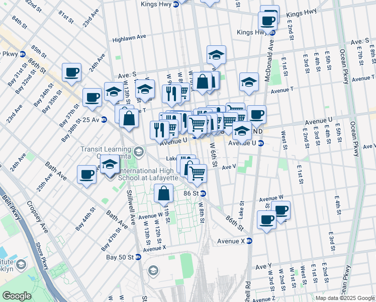 map of restaurants, bars, coffee shops, grocery stores, and more near 2128 West 8th Street in Brooklyn