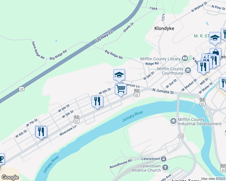 map of restaurants, bars, coffee shops, grocery stores, and more near 417 West 5th Street in Lewistown