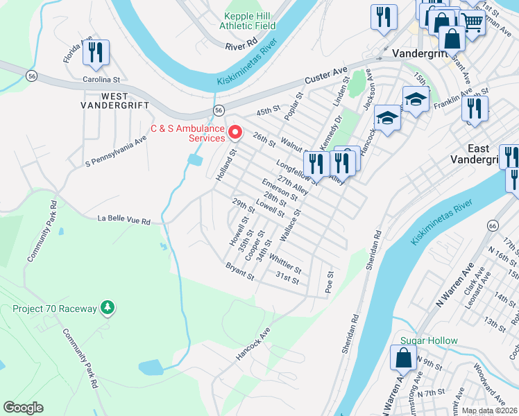 map of restaurants, bars, coffee shops, grocery stores, and more near 327 Lowell Street in Vandergrift