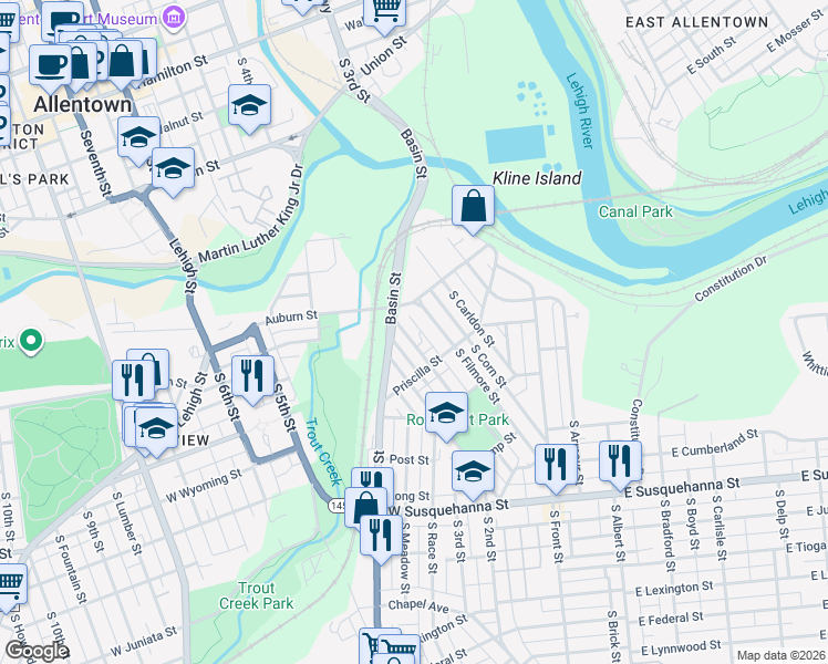 map of restaurants, bars, coffee shops, grocery stores, and more near 617 Genesee Street in Allentown