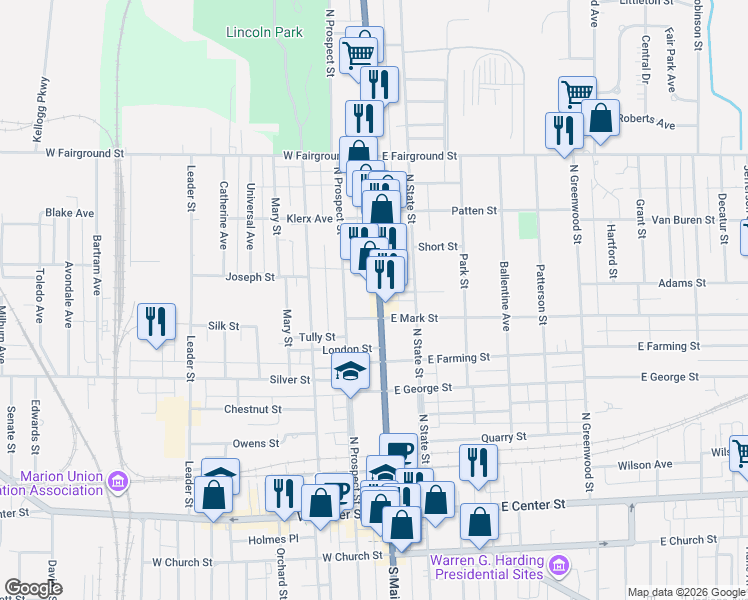 map of restaurants, bars, coffee shops, grocery stores, and more near 451 North Main Street in Marion
