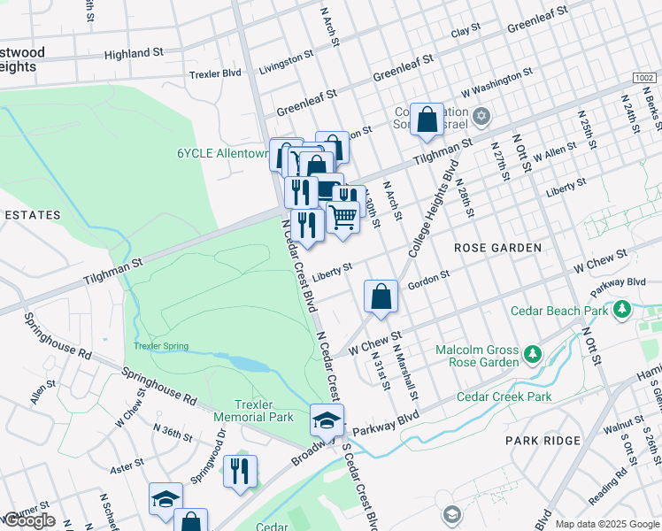 map of restaurants, bars, coffee shops, grocery stores, and more near 3070 Tilghman Street in Allentown