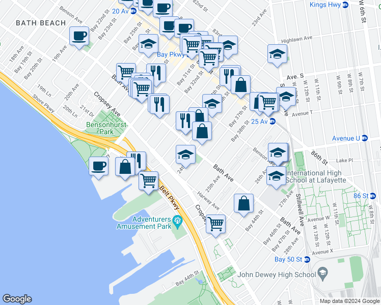 map of restaurants, bars, coffee shops, grocery stores, and more near 8790 24th Avenue in Brooklyn