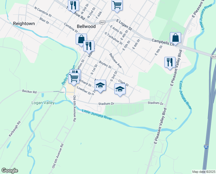 map of restaurants, bars, coffee shops, grocery stores, and more near 400 Martin Street in Bellwood