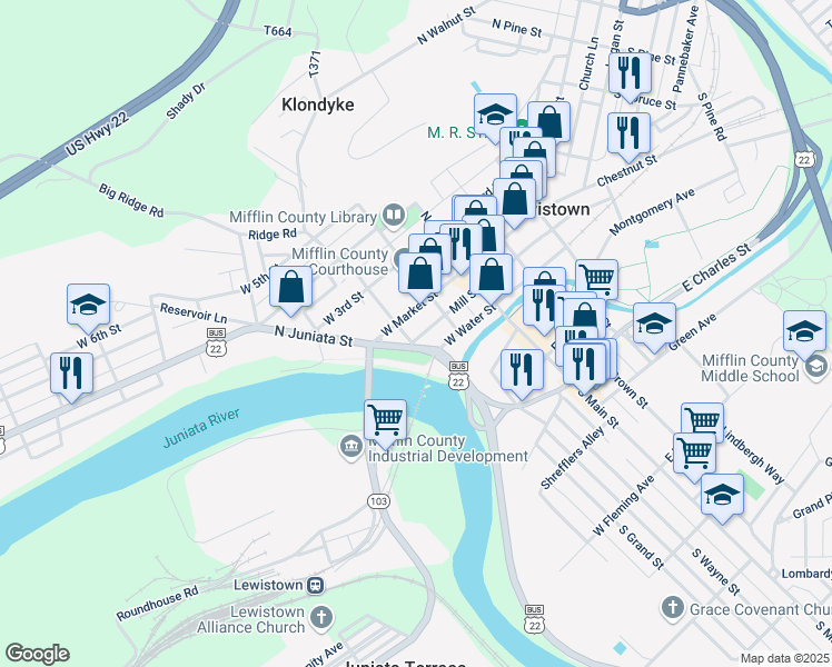 map of restaurants, bars, coffee shops, grocery stores, and more near 135 Mill Street in Lewistown